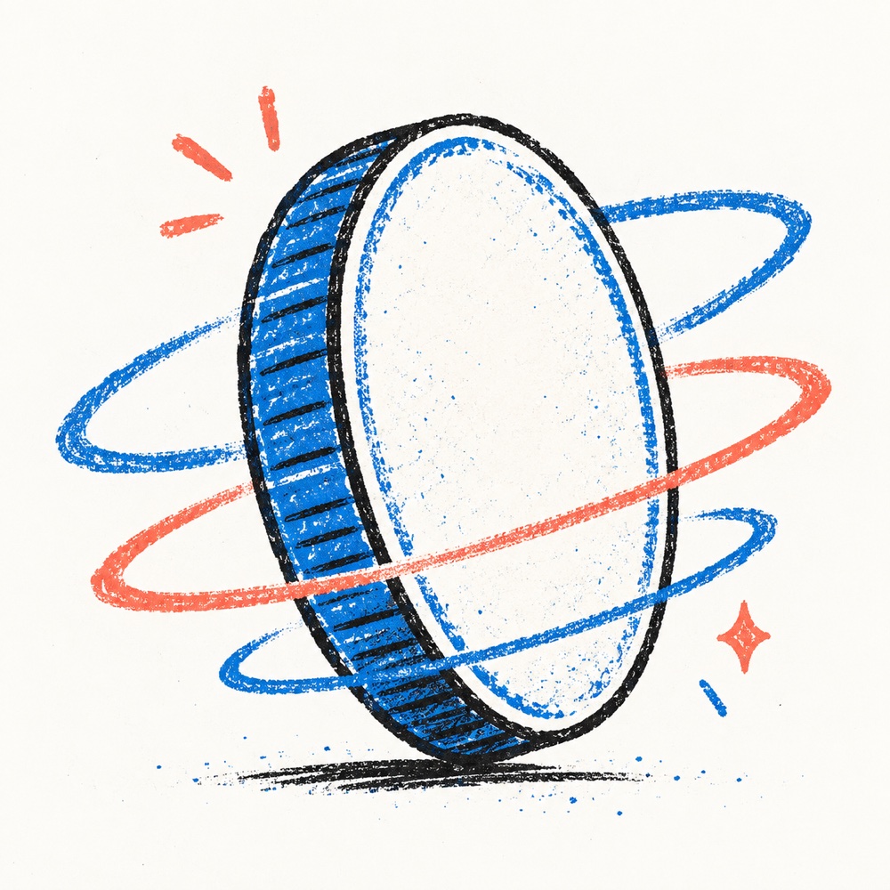 A hand-drawn circular token balancing on its edge
