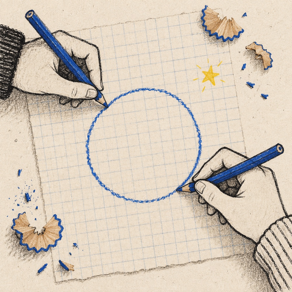 Two hands drawing one imperfect blue circle together